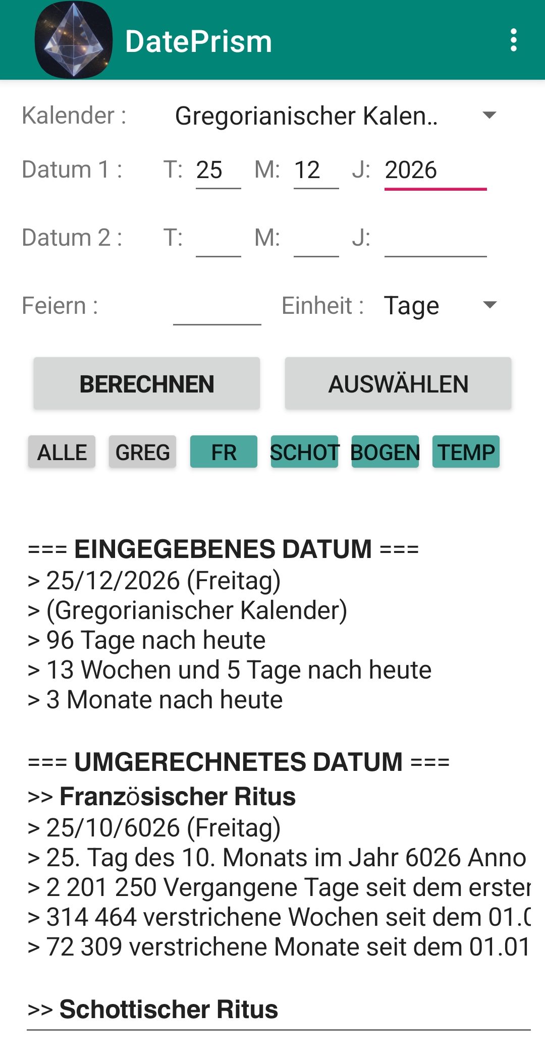 DatePrism-App unter Android zeigt die Umrechnung eines gregorianischen Datums in die freimaurerischen Kalender