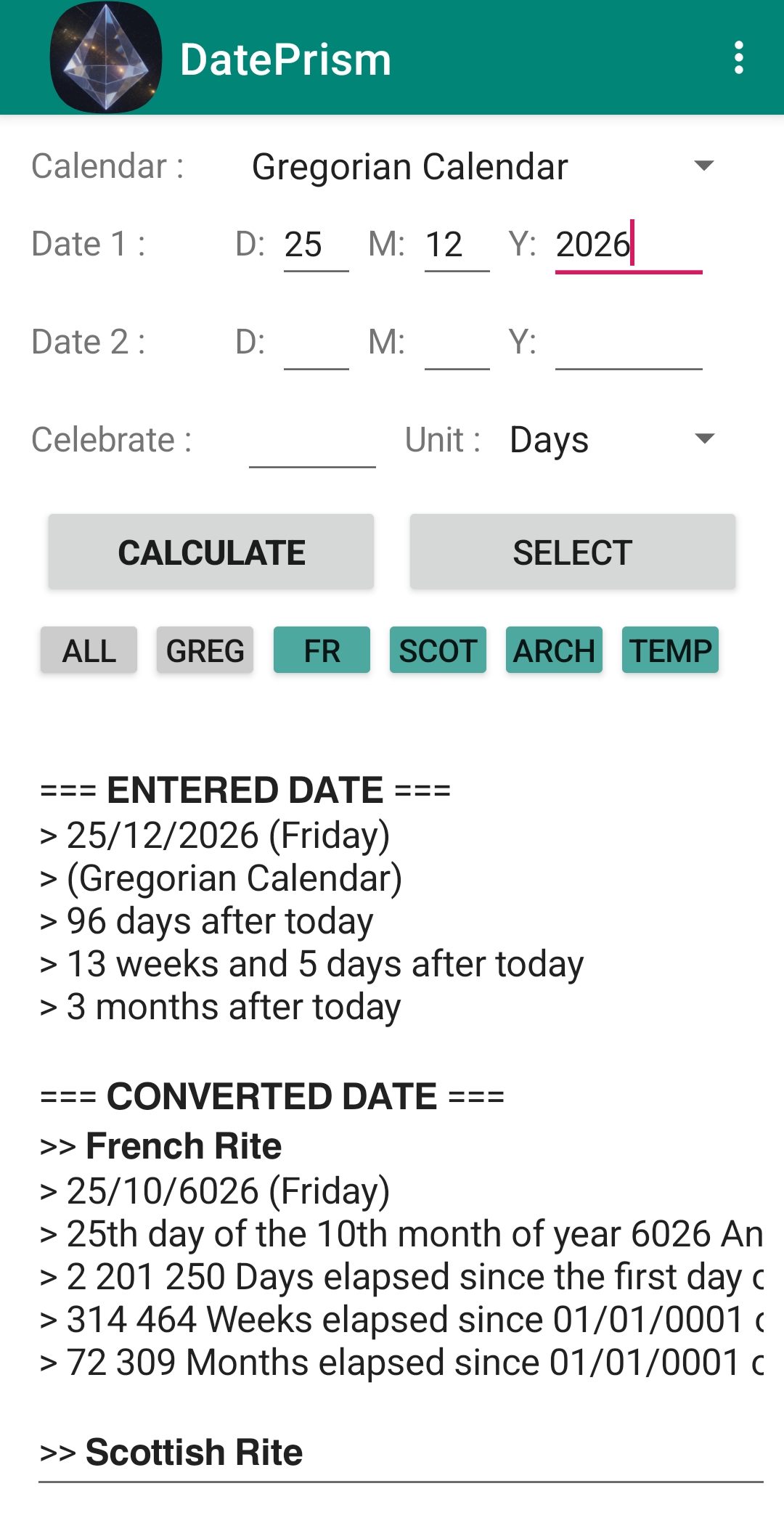 DatePrism app on Android showing the conversion of a Gregorian date into the Masonic calendars