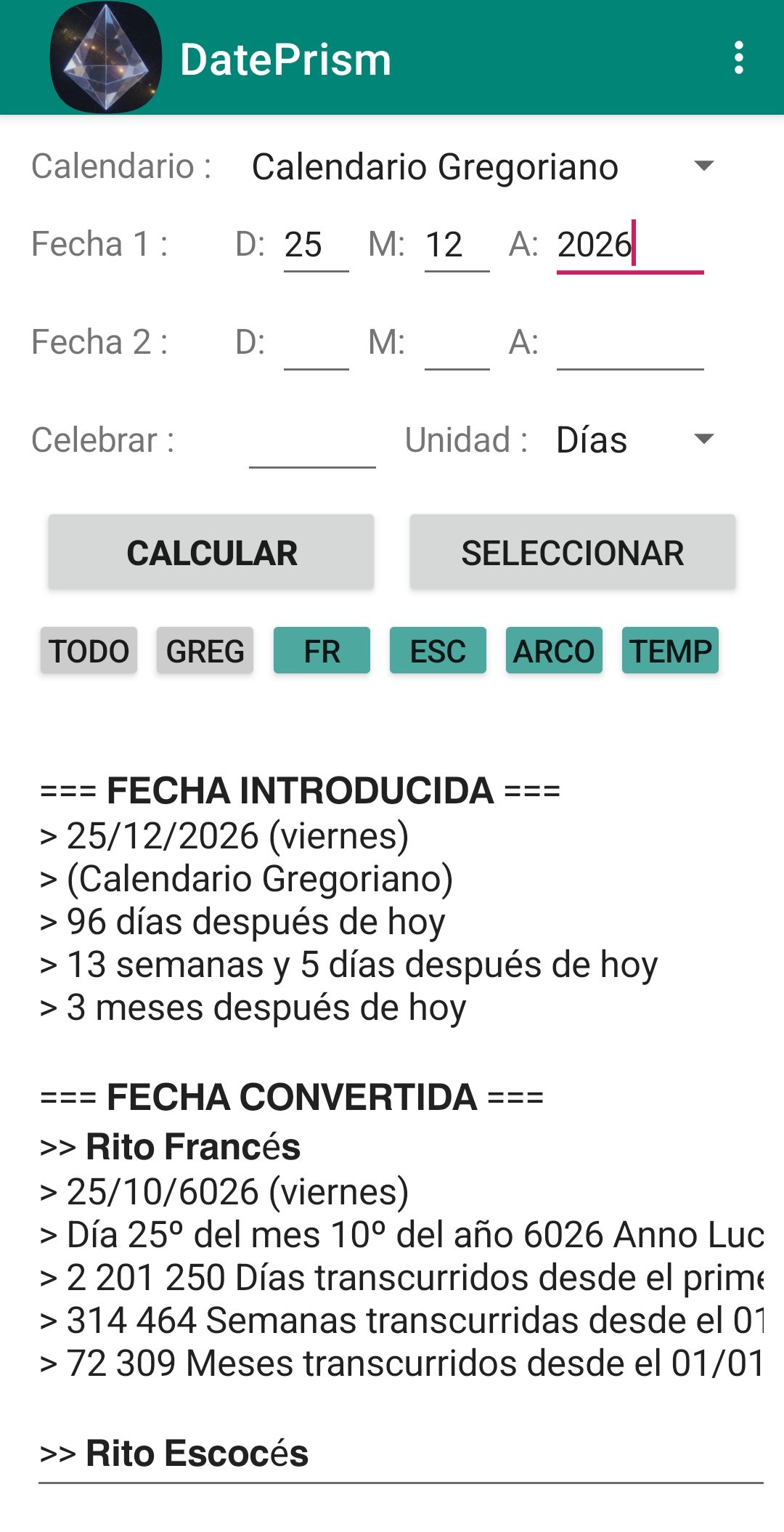 Aplicación DatePrism en Android mostrando la conversión de una fecha del calendario gregoriano a los ritos masónicos