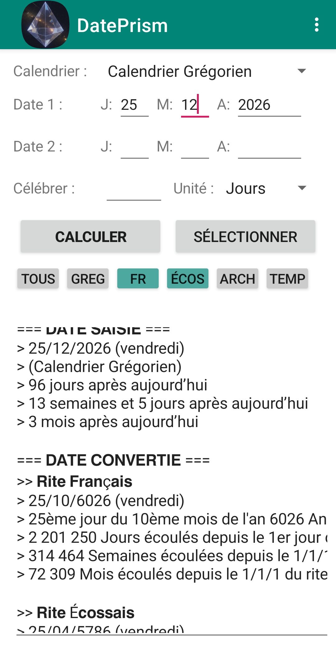 Application DatePrism sous Android montrant la conversion d'une date du calendrier grégorien vers les rites maçonniques