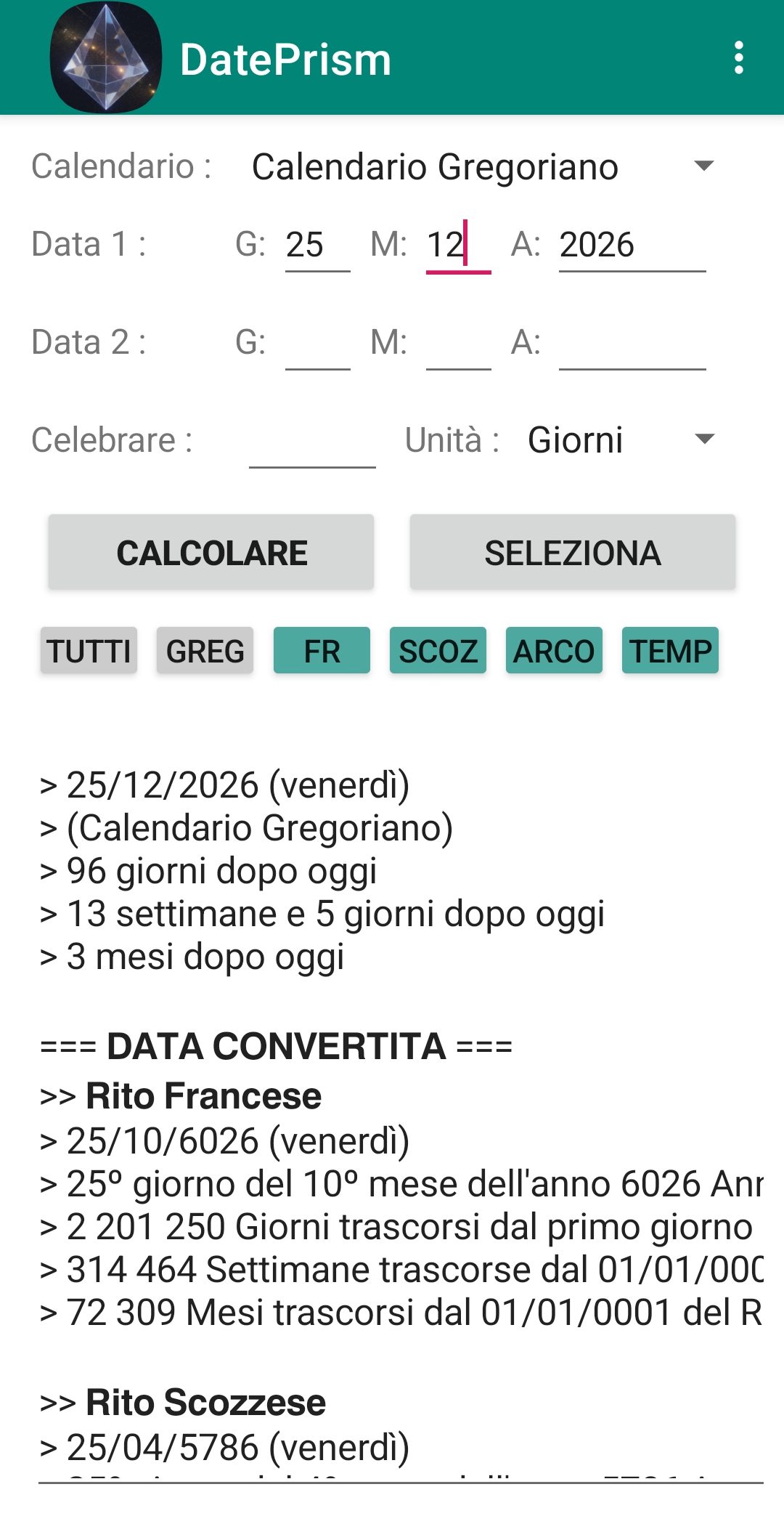 App DatePrism su Android che mostra la conversione di una data del calendario gregoriano nei riti massonici