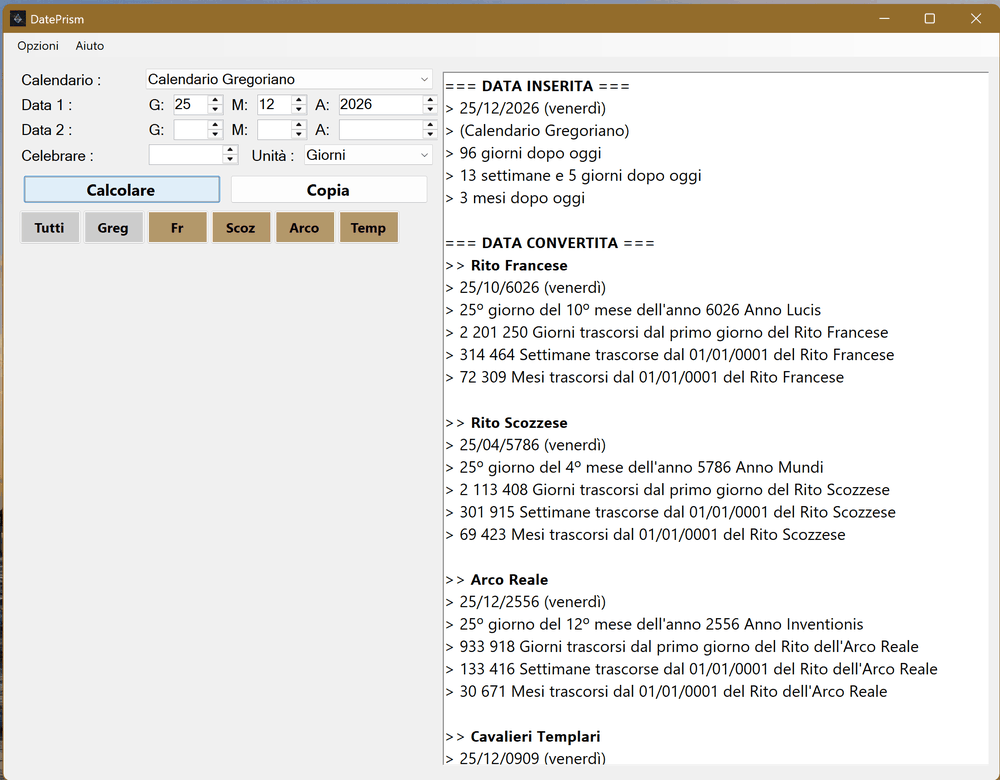 Finestra di DatePrism su Windows che mostra la conversione di una data del calendario gregoriano nei riti massonici (Rito Francese, Rito Scozzese, Arco Reale, Cavalieri Templari)